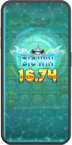 Big Win scherm in Razor Returns met een uitbetaling van 16,74x de inzet.