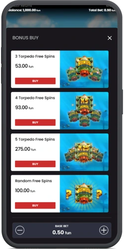 Bonus Buy menu in Razor Returns met opties voor 3, 4 en 5 Torpedo Free Spins.