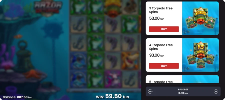 Bonus Buy menu in Razor Returns met Torpedo Free Spins opties van 53 tot 275 per draai.