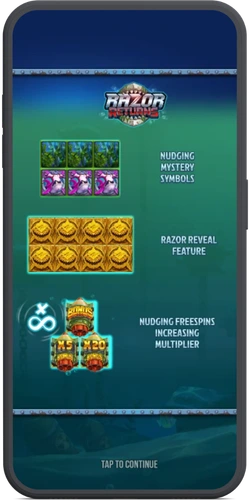 Introductiescherm van Razor Returns met uitleg over Nudging Mystery Symbols en Razor Reveal Feature.