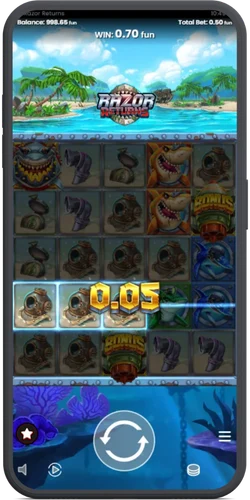 Razor Returns slot gameplay op mobiel met Mystery Symbolen op het speelveld.
