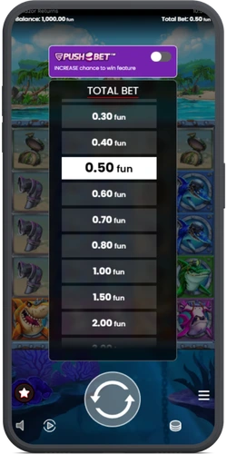 Push Bet inzetmenu in Razor Returns met inzetopties van 0,30 tot 2,00 per draai.