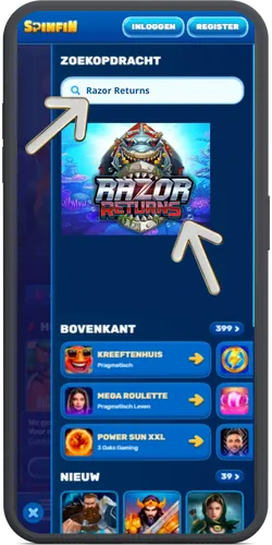 Zoek Razor Returns in de zoekbalk van het casino.